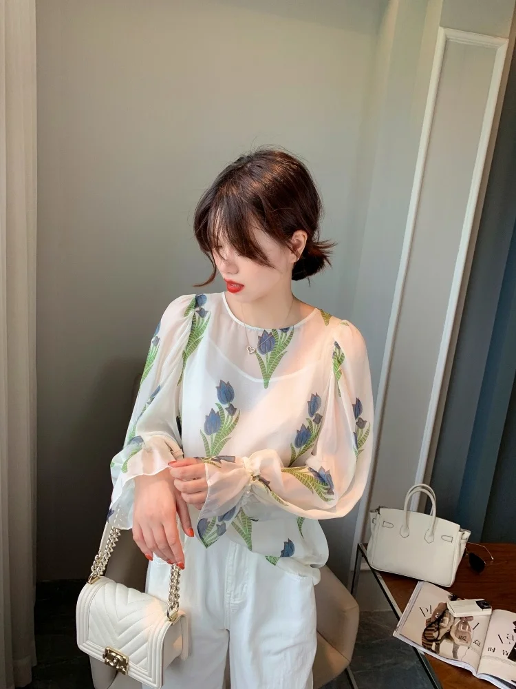 

Elegant Silk 100% Silk Women's Shirt Summer Sun Protection High-End Design French Style Bubble Sleeve round Neck Top
