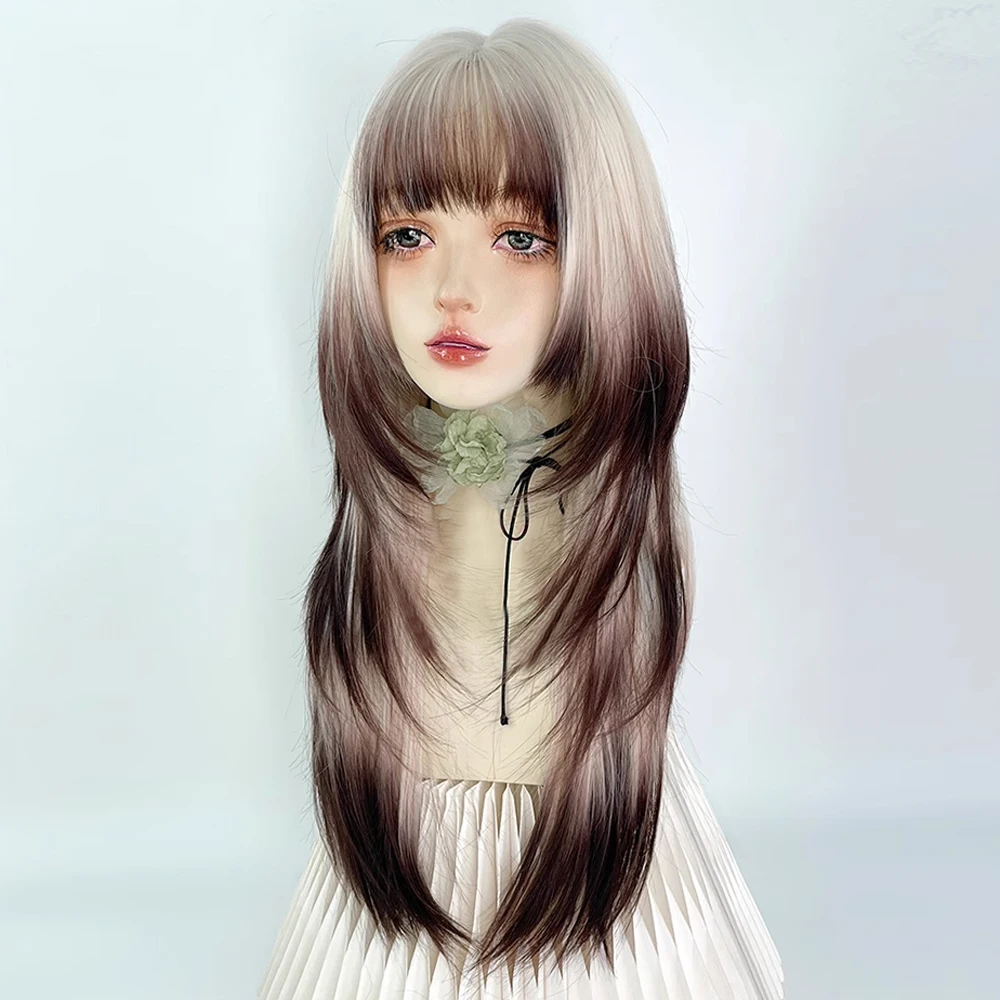 Synthetic Long Layered Ombre Beige Brown Hime cut Wig with Bangs Fluffy Women Lolita Cosplay Hair Wig for Daily Party