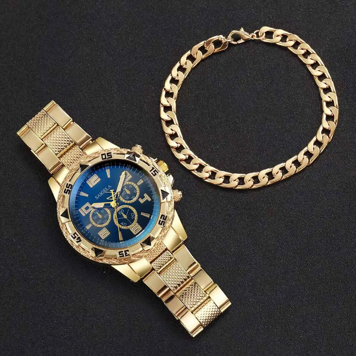 2 قطع أزياء رجالي الفولاذ المقاوم للصدأ الساعات الفاخرة الكوارتز ساعة اليد رجال الأعمال الساعات سوار مجموعة Reloj Hombre (بدون صندوق)