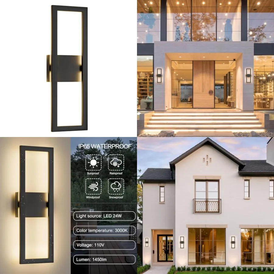 22" Modern Outdoor Wall Lights, 3000K 1450LM Integrated LED Large Exterior Lighting Fixtures with Rectangle Frame, Matte Black