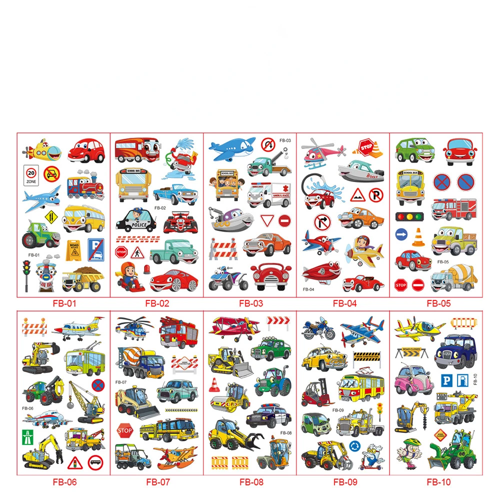 Cartoon Transport Tattoo Stickers for Kids, Tatuagem Temporária Falsa para Crianças, Engenharia de Veículos e Carros, Presente Meninos, Bonito, 10 Folhas