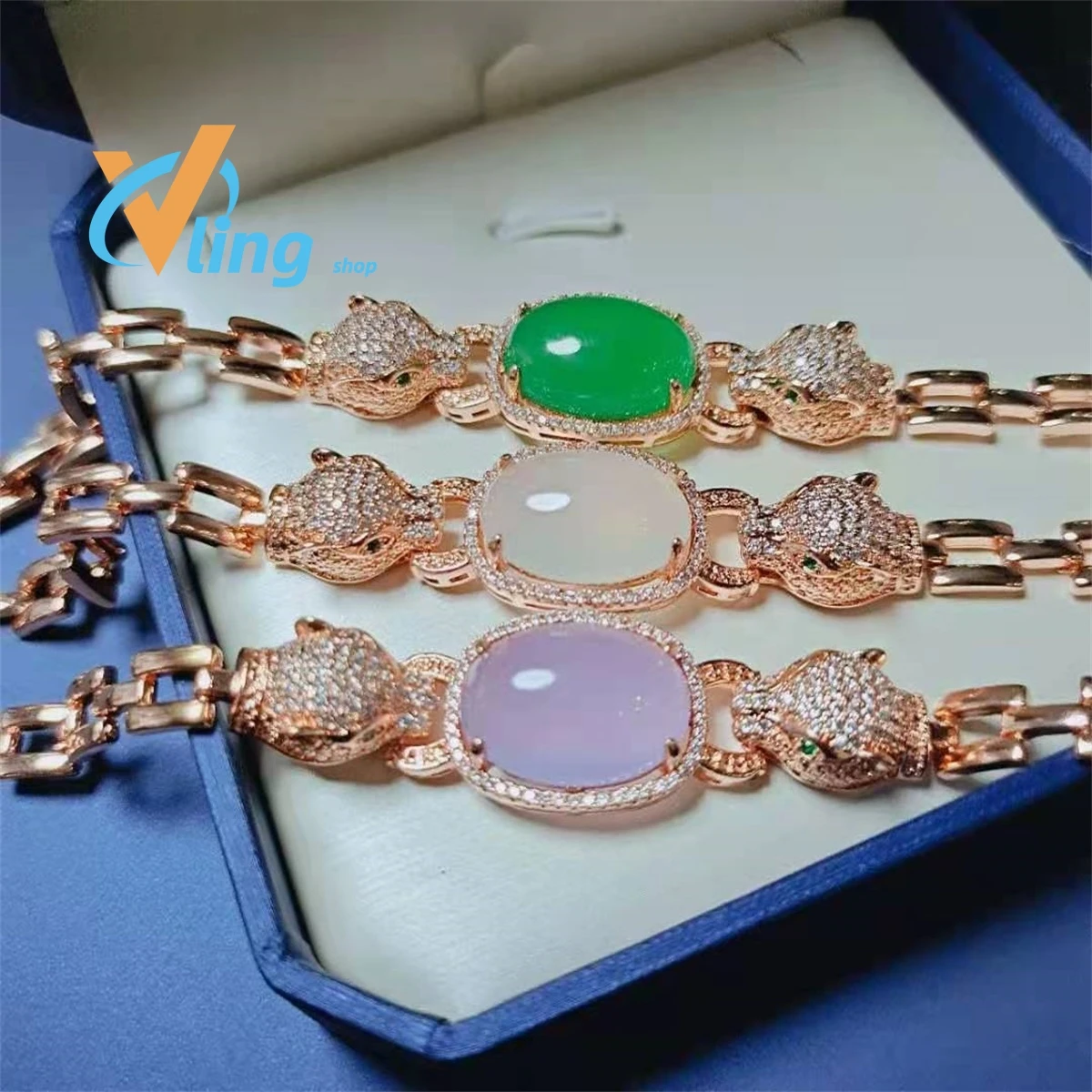 925 Silver Chalcedony Bracelet Women's Grand Style Inlaid Leopard Head Green ChalcedonyFashion Gift Charm Retro Amulet Bracelet