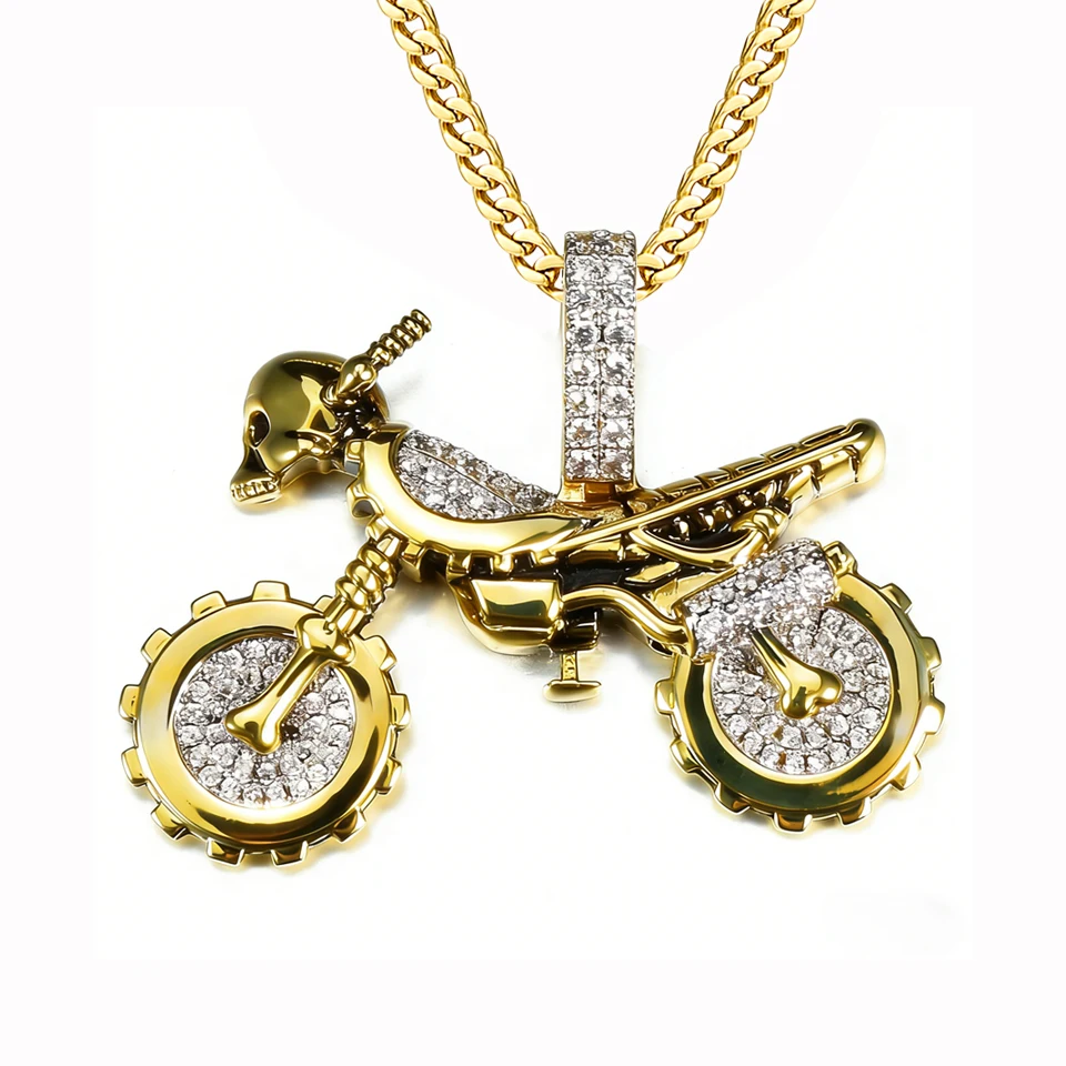 

VANAXIN Hip Hop Skull Motorcycle Pendant Necklace Men Gold Tone Plated CZ Inlay Biker Punk Gothic Charm Fashion Jewelry Unisex
