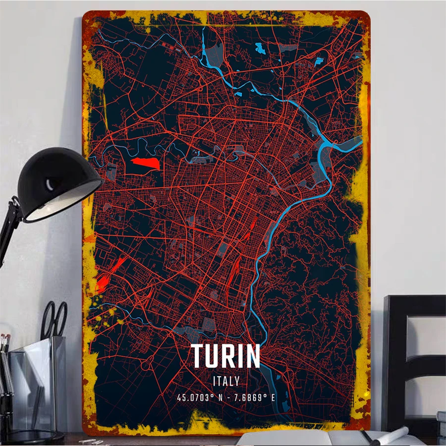 Turin Italy City Map Metal Wall Art Modern Urban Decor for Home Office Unique Geometric Design