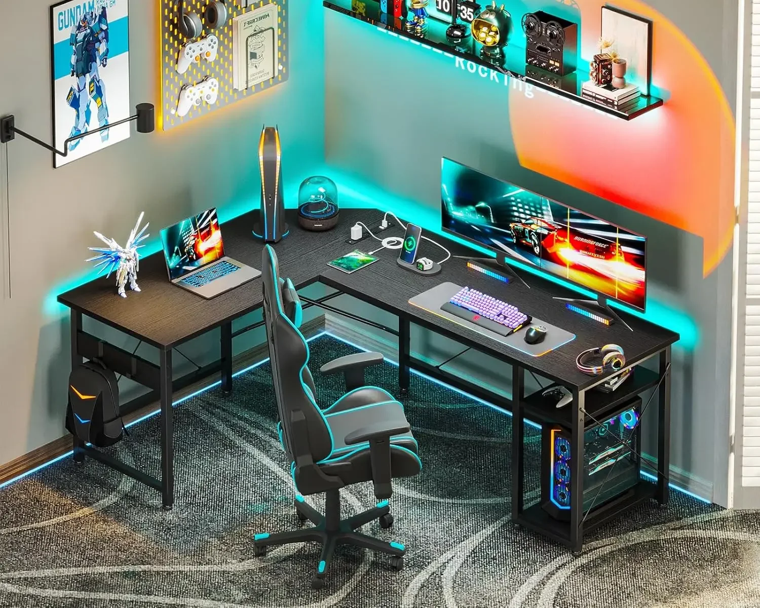 L Shaped Computer Desk com Power Outlet, Workstation Canto, 59 em