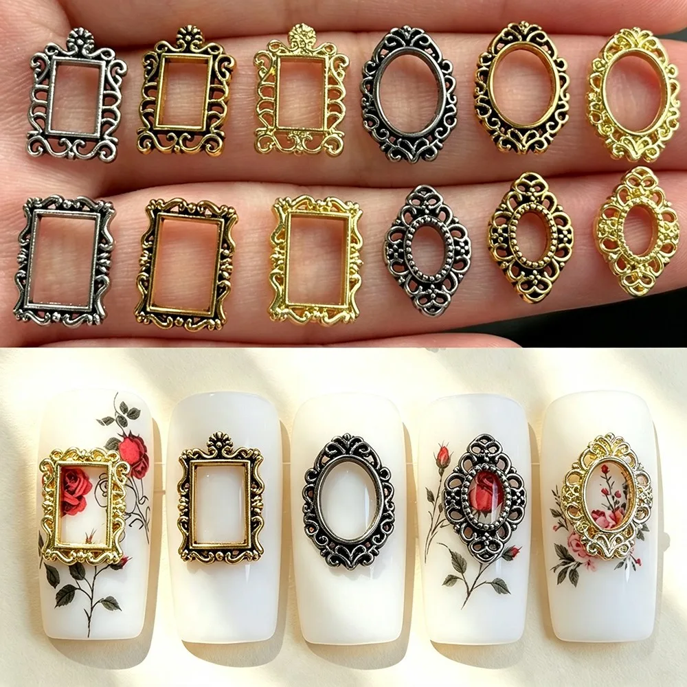 12grids 3D Vintage Metal Frame Nail Charms Retro Punk Gold Black Silver Photo Frame Nail Gems Alloy Hollow Frame Nail Decoration