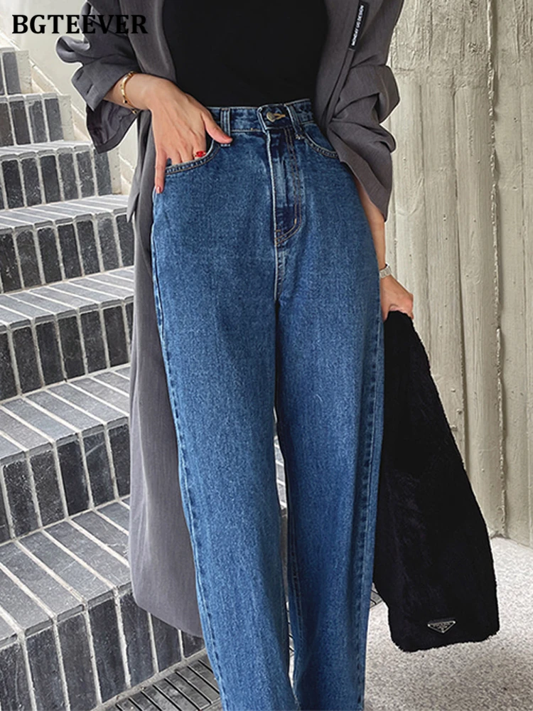 BGTEEVER Spring Summer High Waist Single Button Women Wide Leg Jeans Pants Casual Loose Pockets Straight Ladies Denim Trousers