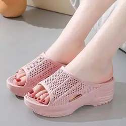 2024 New Women's Summer One Word Hollow Wedges Casual Slippers Thick Sole Non Slip Home Slippers Outdoor Beach Slippers