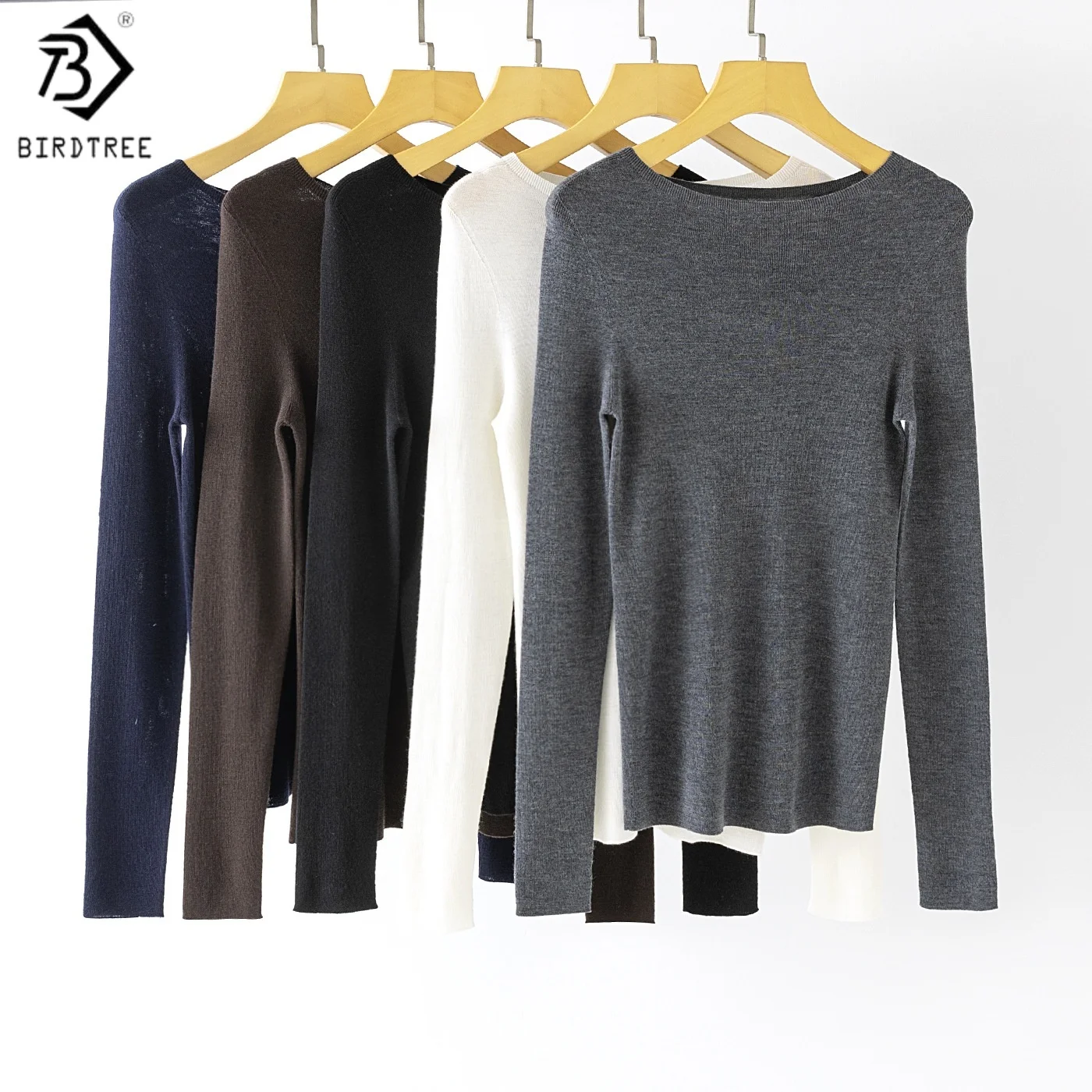Birdtree,100% Merino Wool Knitted Bottoming Undershirt,Women Seamless Boat Neck Shirt,Autumn/Winter body Fit Pullover T5N109JF