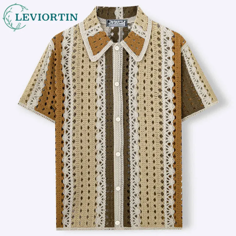 

Summer new men's fashion European and American water-soluble crochet knitted short sleeved cardigan casual lapel polo shirt
