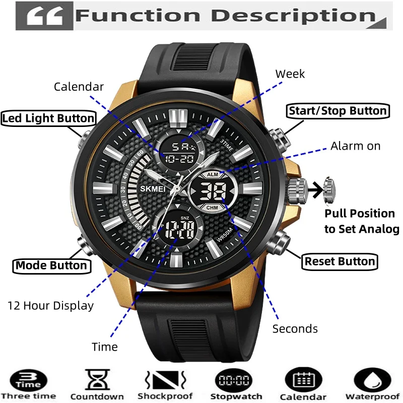 Skmei Three Time Zone Digital Sports Watches TPU Strap Led Chronograph Quartz Analog Wristwatches Fashion Men's Alarm Clock