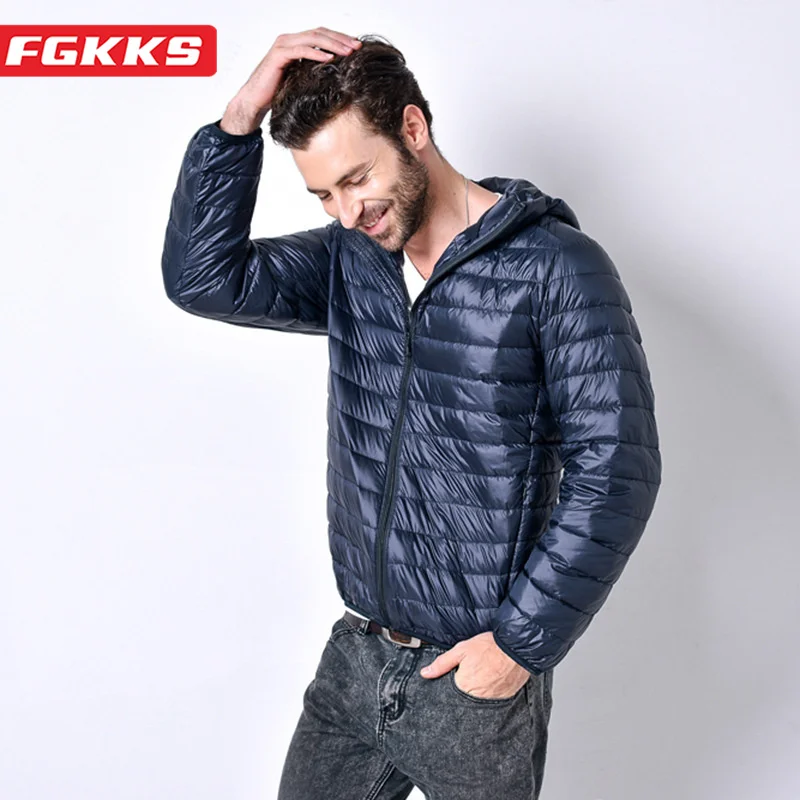 FGKKS 2023 Brand Casual Down Jacket For Men Pure Cotton Warm Solid Color Hooded Coat High Quality Down Jacket Male