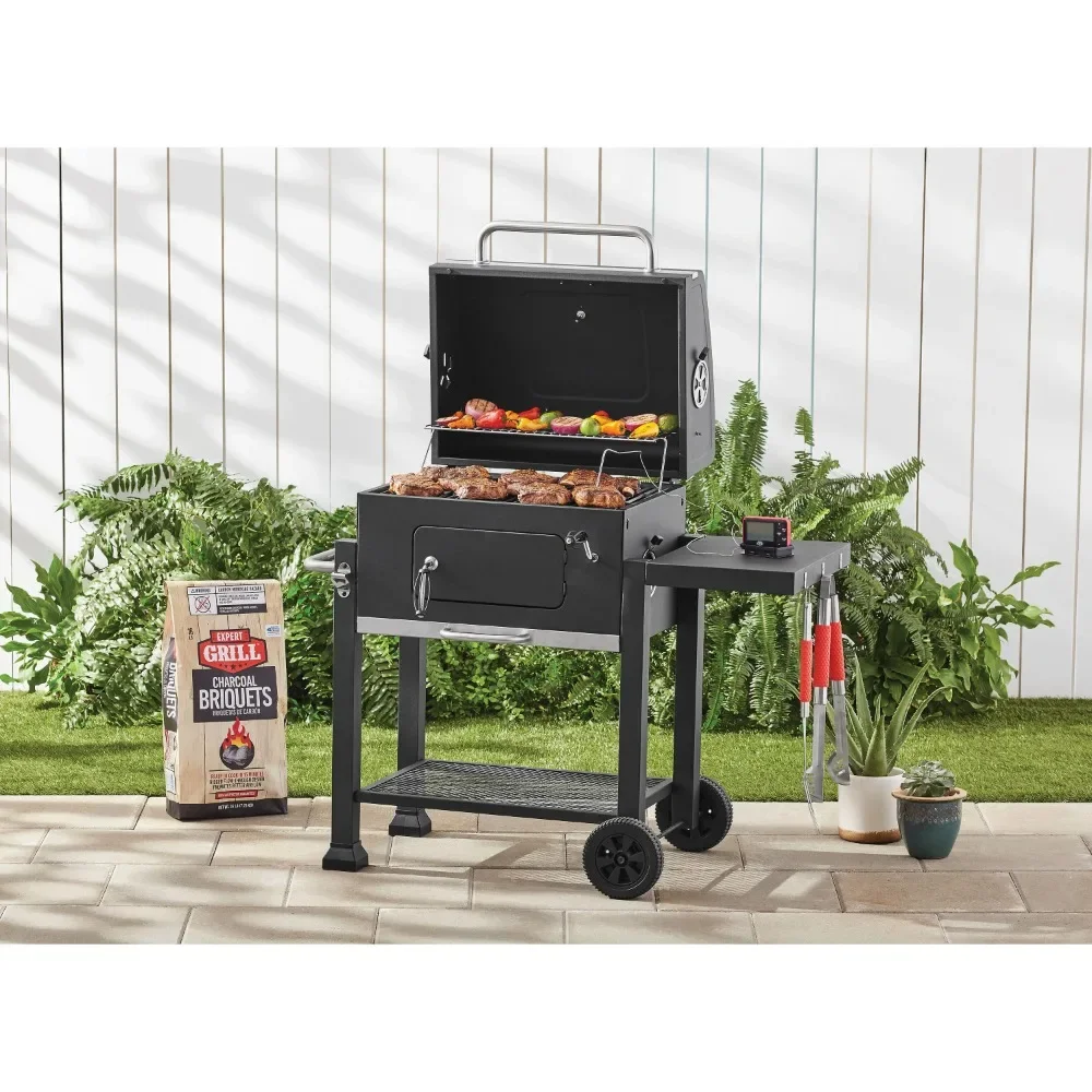 

Heavy-duty 24" Charcoal Grill with Crank-adjustable Charcoal Tray Height, Open Bottom Shelf, Black