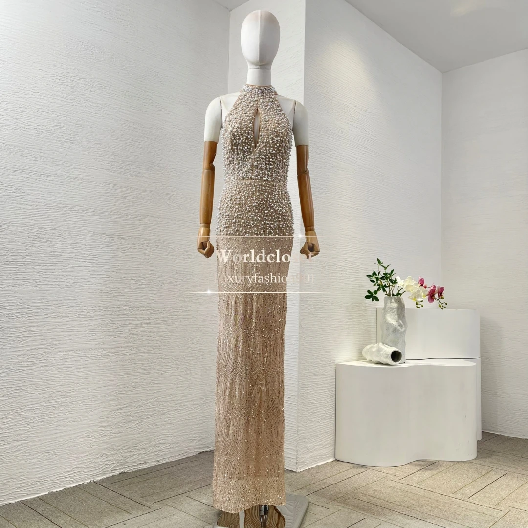 

2025 New Beautiful Brown Sleeveless Pearls Sequin Beading Backless Tube Maxi Dress