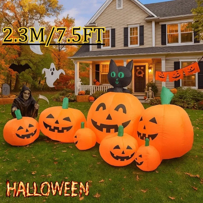 7,5 футов Хэллоуин Праздничное Освещение Тыквы Кошки Украшения Партия Надувная Модель Открытый Сад Ужасы Реквизит Крытый Домашний Декор