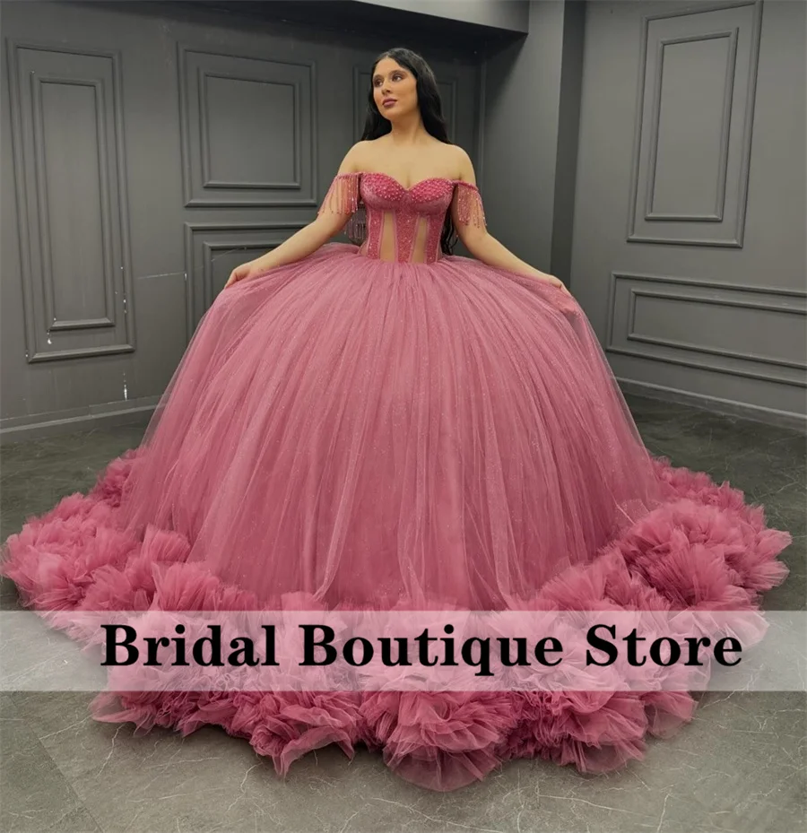 Luxury Dust Pink Puffy Beaded Quinceanera Dress 2024 Tassels Crystals Ruffles Beads Vestidos De 15 Quinceañera  Customized