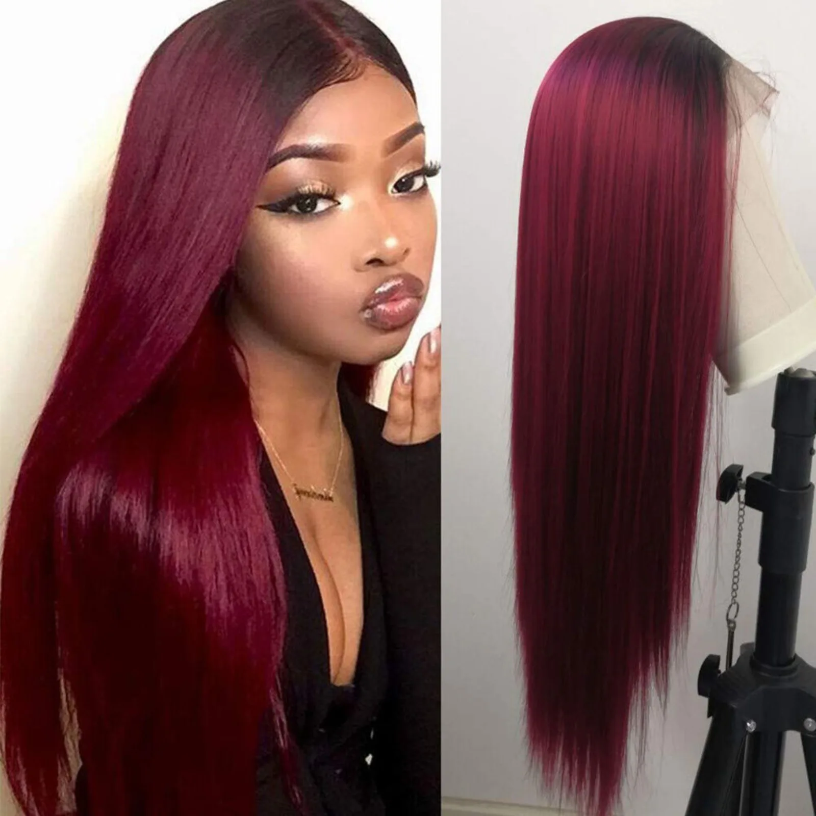 US Ombre Burgundy Lace Front Wigs, Heat Resistant, Synthetic, Long, Straight Hair, Soft