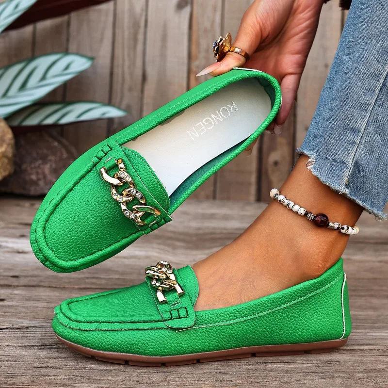 New Women's Casual Metal Chain Decoration Single Shoes Spring Autumn Round Toe Soft Sole Flat Women Loafers Zapatos De Mujer