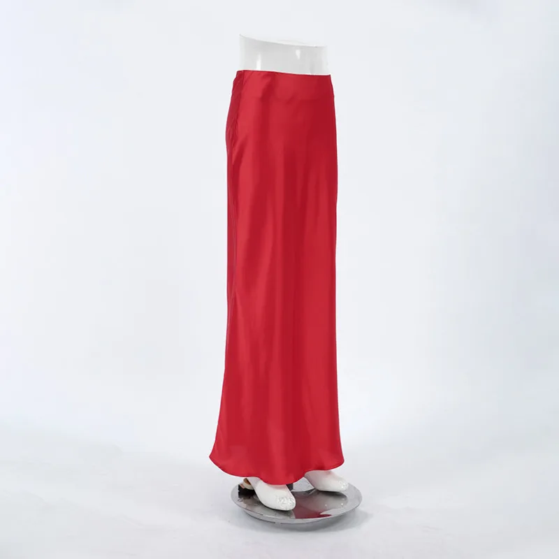 

Elegant Red Satin Maxi Skirt For Women High Waist Long Straight Skirt Vacation Beach Wear Summer Fashion Draped Style Bottom New