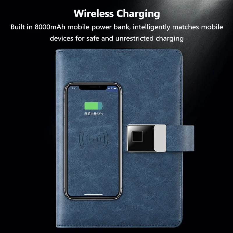 Fingerprint Lock Leather Smart Notepad with Calculator Record Notes Phone Wireless Charging for Student Designer Business Man
