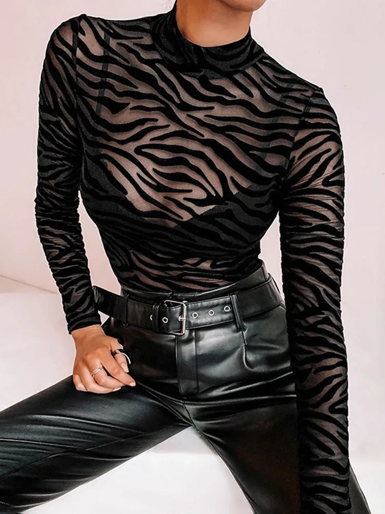 Black Mesh Transparent Sexy Bodysuit Long Sleeve Slim Skinny Stripe Mock Neck Casual Rompers Women Lady Party Club Body