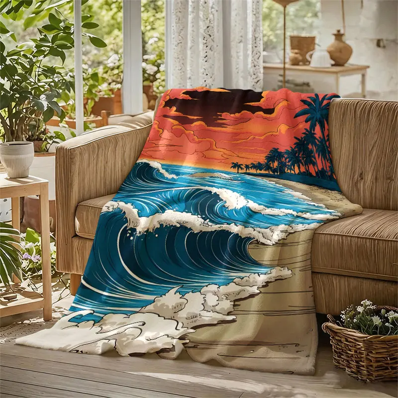 Comic Beach Sunset Waves Flannel Blanket Perfect for Sofa Office Bed Travel Sleep Read Relax Camping Four Season Use