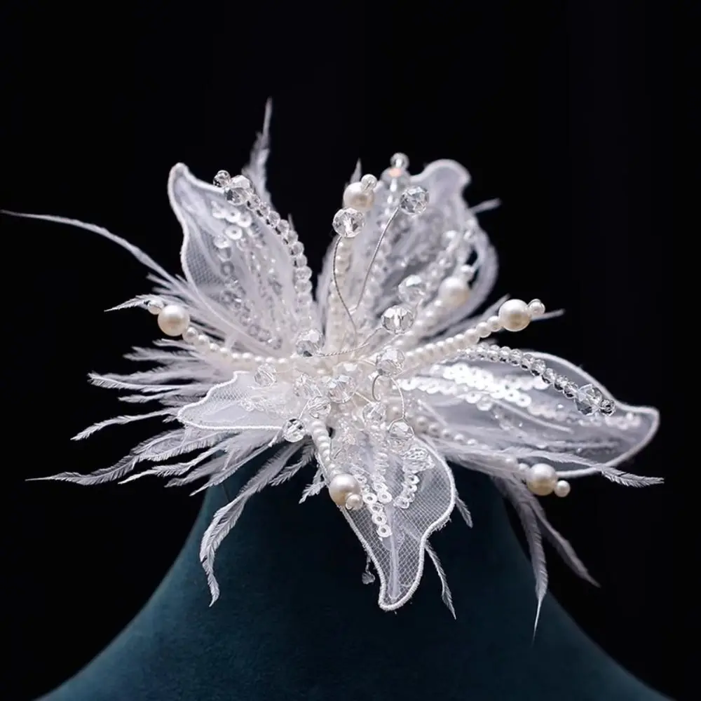 Feather Pearl 3D Organza Flower Patch Twisted Wire Crystal Flower Studded Patch Hand-made Handmade DIY Sewing Decals