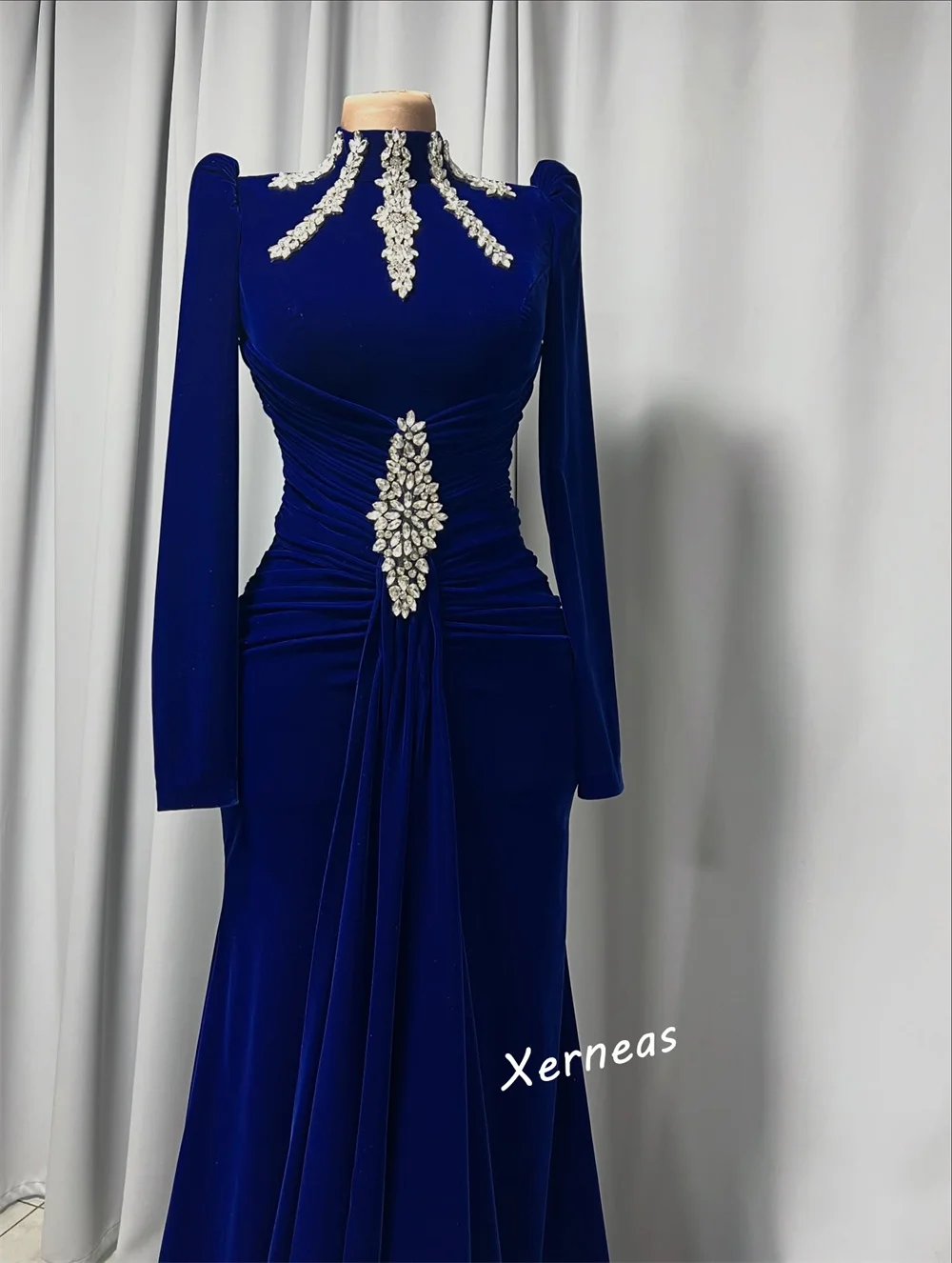 Customized Jersey Rhinestone Pleat High Collar Trumpet Floor-length Bespoke Occasion Evening Dresses Classic Exquisite Formal