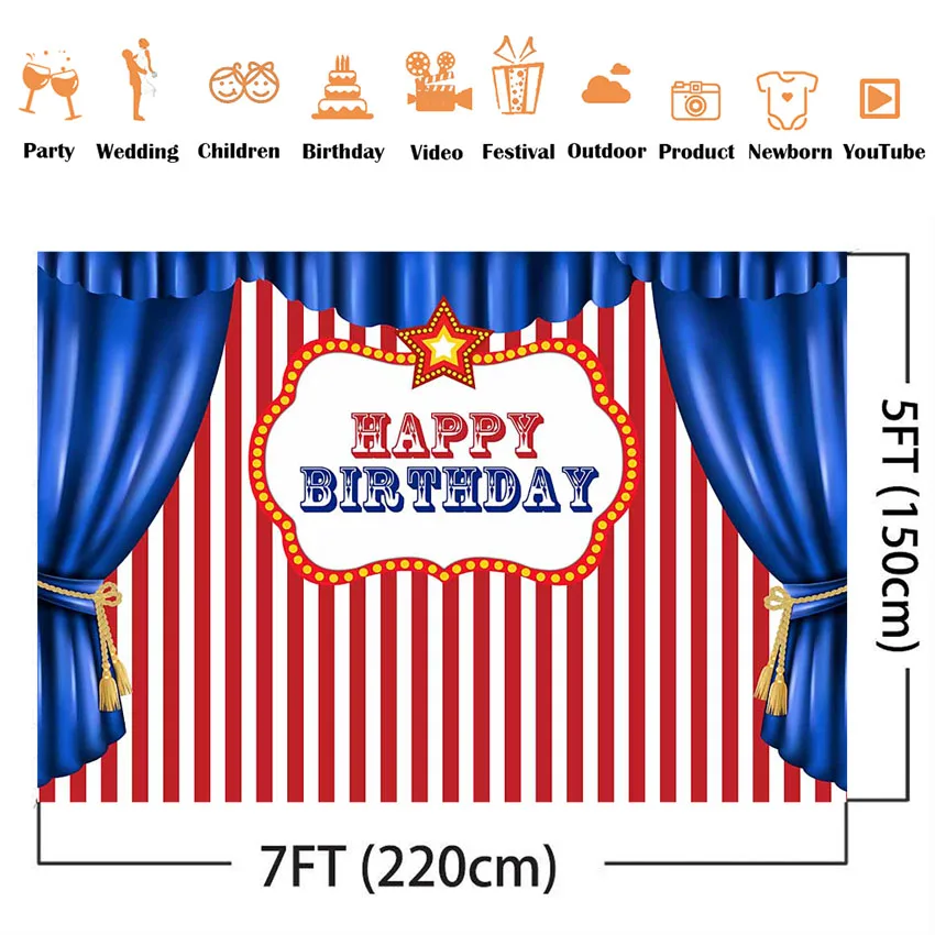 Circo Birthday Party Backdrop, Foto do fundo, listra branca e vermelha, Tenda Photocall, Photocall, Azul