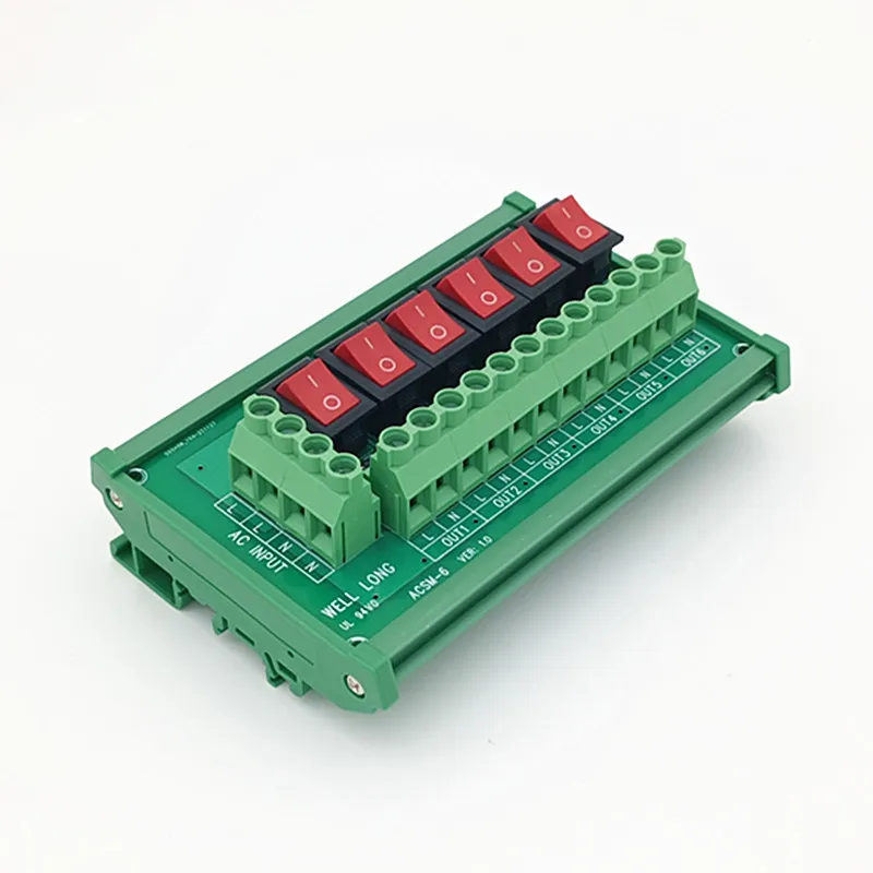 DIN Rail Mount AC 125V 250V  Rocker Switch Power Distribution Strip Module  6 Channel (Supports multiple module connections)