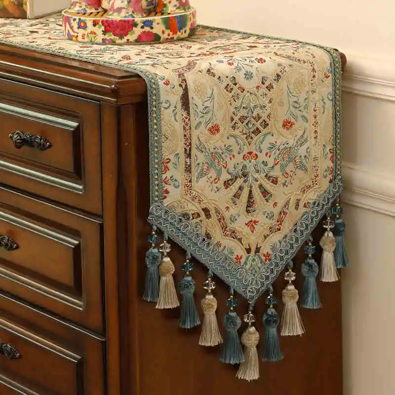 Jacquard Embroidery Table Runner American Retro Long Cabinet Cover Cloth Coffee Table Runner Home Decoration Dining Table Runner