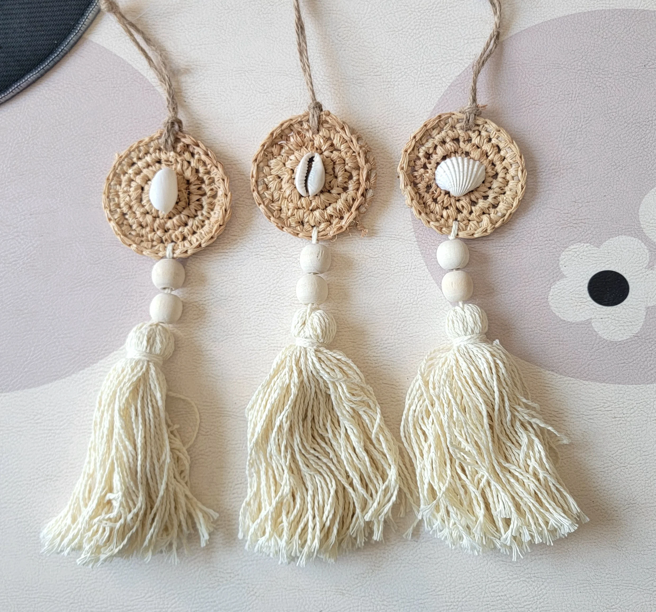 

For natural fiber HANGER 3designsX1=3pcs/set, RAFFIA MACRAME HANGER- raffia with shell and tassel