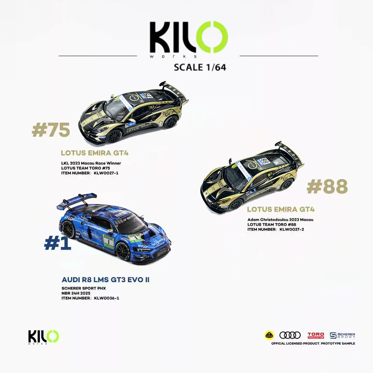 Kilo Works 1:64 Vollständige Rennwagen-Kollektion Lotus Emira GT4 # 75/ # 88 & Audi R8 LMS GT3 Evo II # 1 Diecast-Modellauto-Set auf Lager