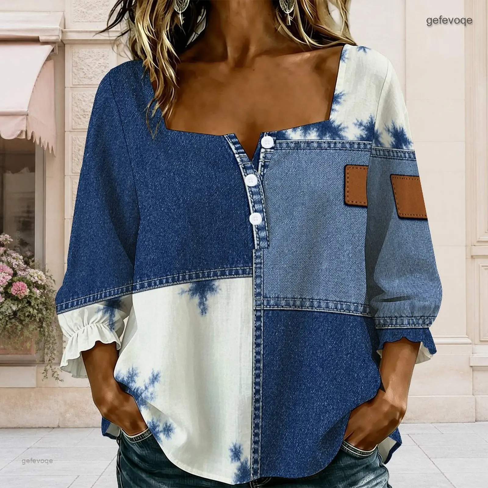 Square Neck Button Detail Long Sleeve Ruffle Cuffs Printed Blouse for Women