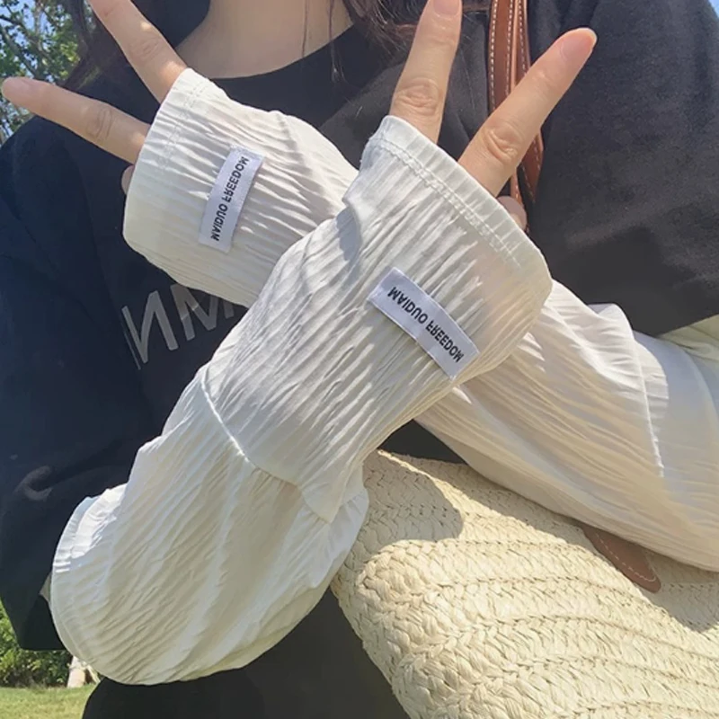 Summer Ice Silk Arm Sleeves for Women Korean Solid Color Folded Sleeves Outdoor Breathable UV Suncreen Cycling Driving Sleeves