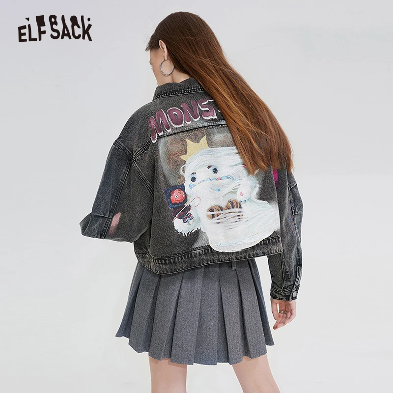 ELFSACK Denim Jacket Doodle Printed Jacket Woman 2024 Spring Cropped Jacket Daily Tops