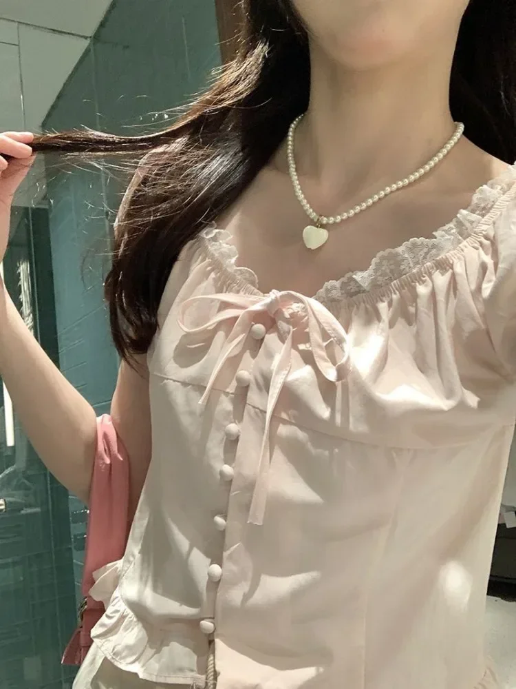 

Women Shirts Lace Patchwork Puff Short Sleeve Slim Bandage Square Collar Sweet Elegant Crop Tops Female Fashion Blouse