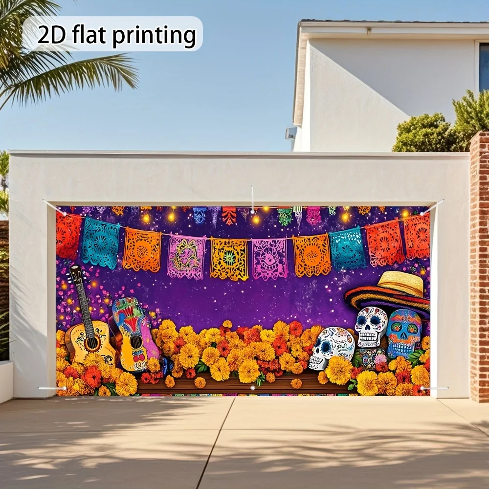 Death Garage Door Banner – Lebendiges mexikanisches Kultursekor, Ringelblumen, Gitarren und Totenköpfe, langlebige Outdoor-Materialien