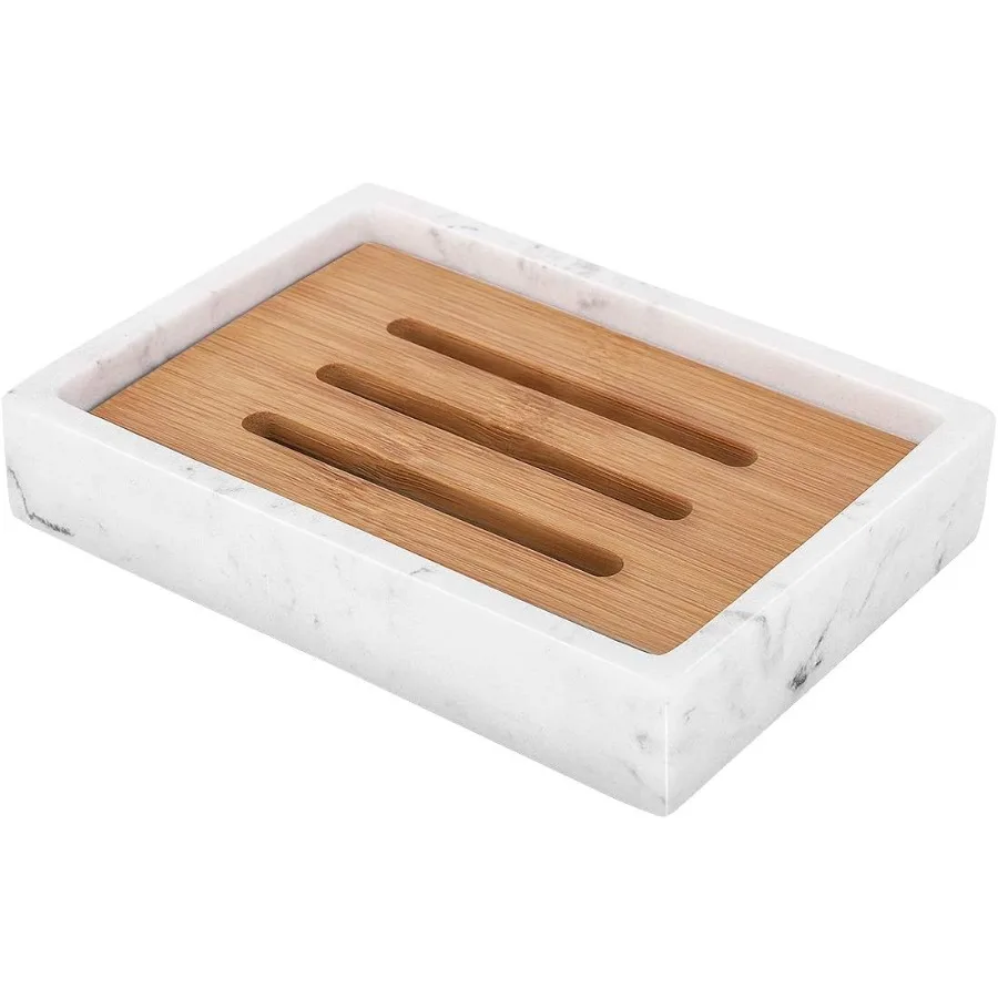 

Bamboo Soap Dish Resin Soap Holder with Draige Wooden Soap Dish for Shower Bathroom Sink Kitchen and Countertop Gravel White