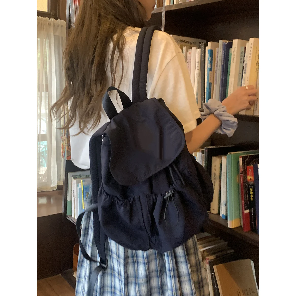 Ladies Vintage Letter Embroidered Drawstring Backpack, Lightweight Nylon Flap Rucksack for School, Travel and Daily Outfits