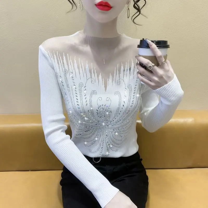 Women Sexy See Through Mesh Patchwork Rhinestone Elegant Knitted Sweater Autumn Winter Fashion Solid Long Sleeve Slim Basic Tops