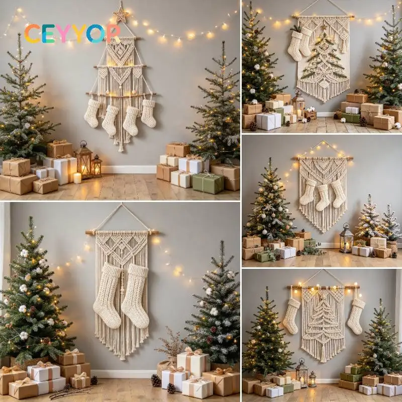 CEYYOR Minimalist Boho Christmas Studio Backdrop Grey Wall, Macrame Tapestry with Fringe, Cream Knit Christmas Stockings, Decora