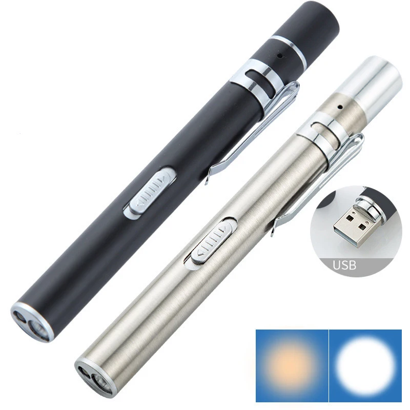 Medical Nurse Flashlight Dual Light Source LED Penlight Stainless Steel for Medical Students Doctors Portable USB Rechargeable