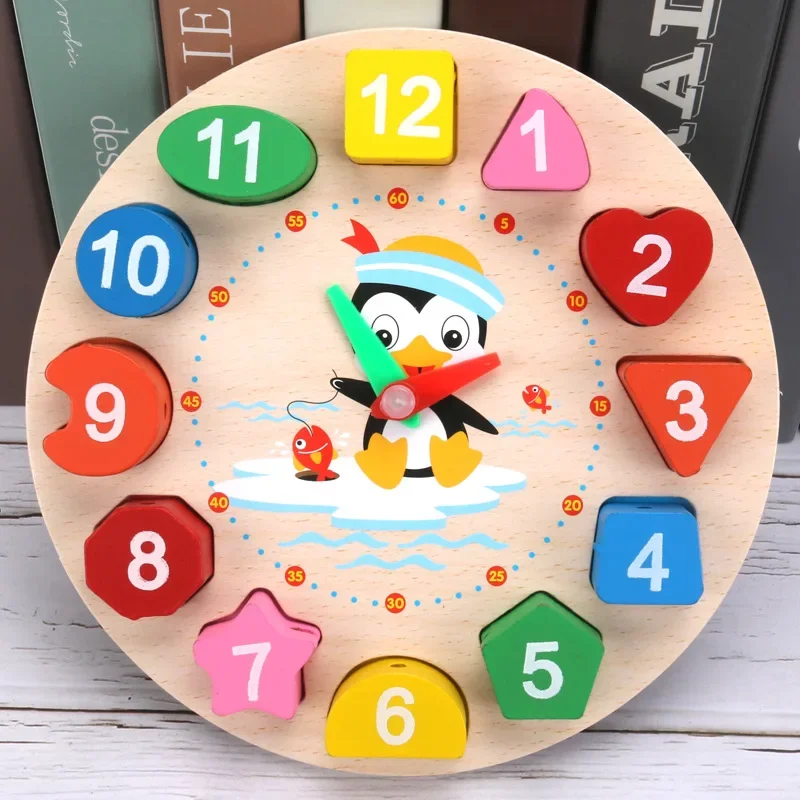 Montessori Wooden Clock Puzzle Cartoon Animal Tangram Cognitive Digital Clock Kids Early Educational Threading Assembly Toys