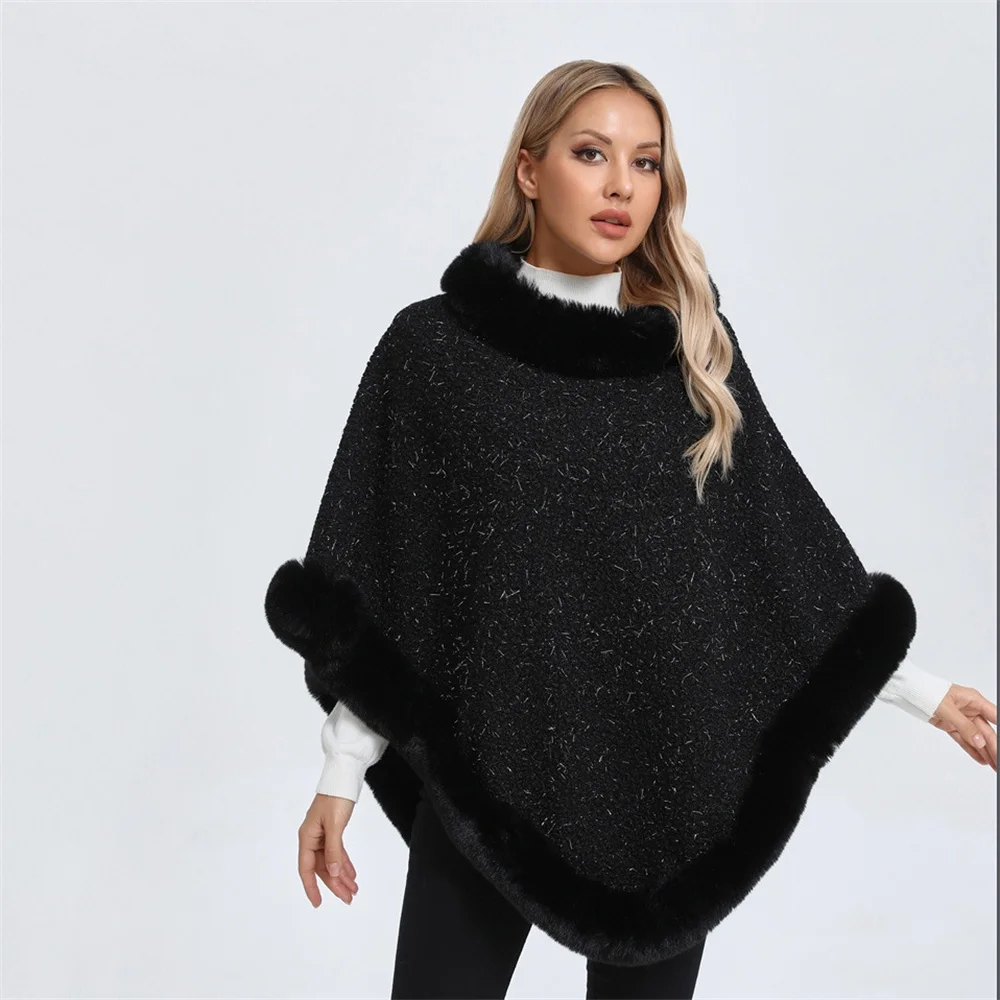 

6 Colors Women Granular Velvet Bright Silk Solid Pullover Faux Fur O Neck Loose Cape Outer Wear Winter Thick Warm Shawl Coat