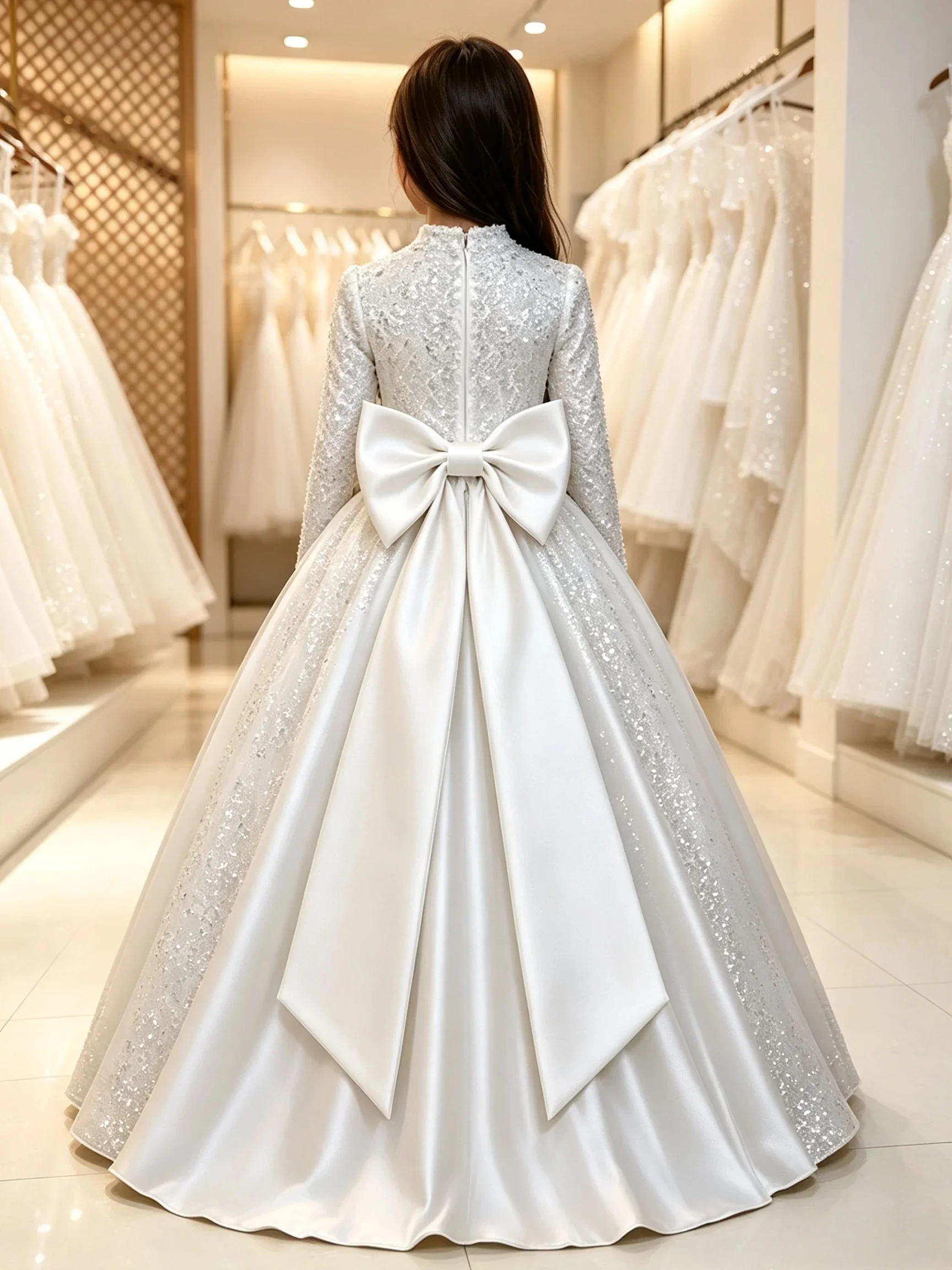 Elegant Sequined High Neck Customized Flower Girl Dress For Wedding Long Sleeve Tulle  Kids Birthday Party First Communion Gowns