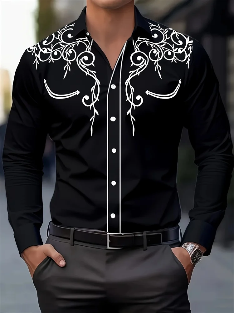 3D Vintage Print Men's Casual Fashion Long Sleeve Shirt Western Cowboy Style Men's Shirt Outdoor Street Men's Lapel Shirt tops