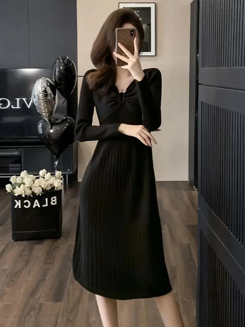 New Elegant Slim Ribbing Knitted Dress Women Fashion Cross V-Neck Long Sleeve A-line Sweater Midi Dresses Autumn Winter Vestidos