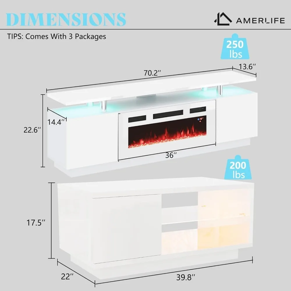 Tischs ets von 3, inklusive 70 "2-stufigem Kamin-TV-Ständer, Couch tisch mit Glas regalen, LED-Leuchten Media Entertain ment Center