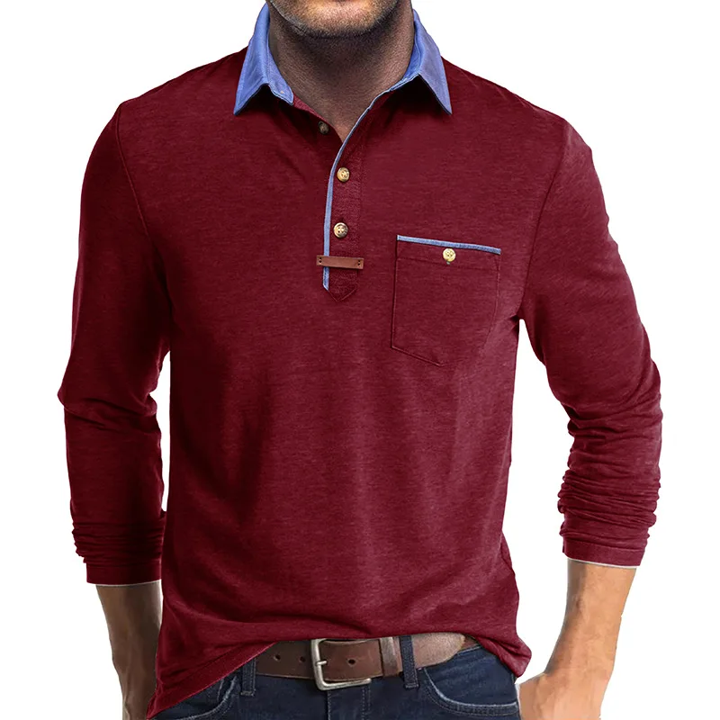 Langarm-Poloshirt für Herren, lässig, schmale Passform, Henley-Kragen, T-Shirt mit Tasche, Smart Blend Tops – Detail 13